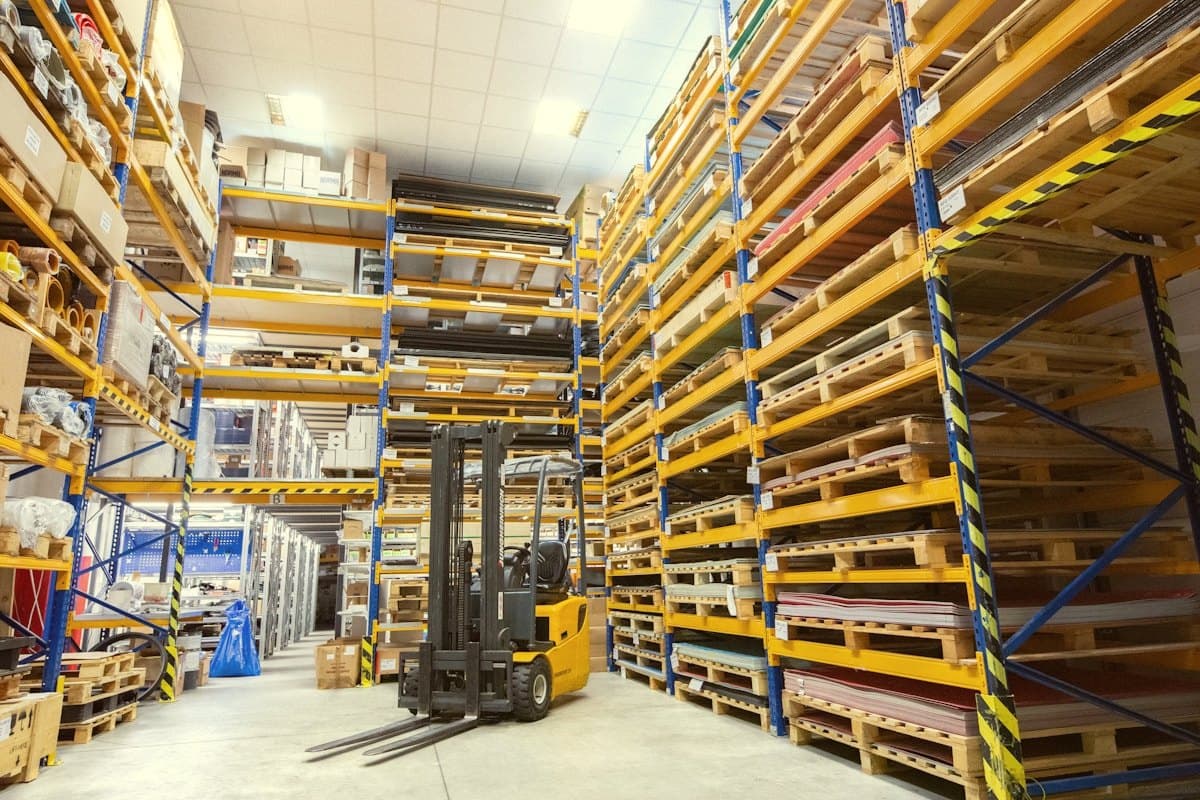 Magazijn met gele stellingen en een heftruck